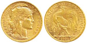 France, Gold 20 Francs, 6.4g, 1904, Liberty on obv. rooster divides value on rev. (KM 847)