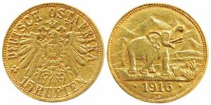 German East Africa, Wilhelm II, Gold 15 Rupien (Rupees), 7.14g, obv. a trumpeting elephant