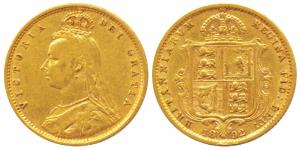 Great Britain, Victoria, Gold ½ Sovereign, 4g, 1892, Jubilee head, rev. Shield (KM 766). A