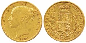 Great Britain, Victoria, Gold Sovereign, 8g, 1860, Young head, Shield on rev. (KM 736.1). 