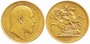 Great Britain, Edward VII, Gold 2 Pounds, 15.93g, St. George slaying a dragon on rev., 190