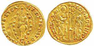 Italy, Venice, Gold Venitian Ducat, 3.45g, obv. Saint Marco standing right, presenting ban