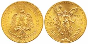 Mexico, Gold 50 Pesos, 41.51g, 1947, obv. Centennial of Independence, rev. winged Victory 