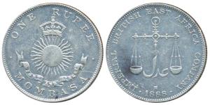 Mombasa, Silver Rupee, 11.5g, 1888 H (KM 5). Very Fine+, Rare.