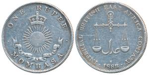 Mombasa, Silver Rupee, 11.5g, 1888 H (KM 5). Very Fine+, Rare.