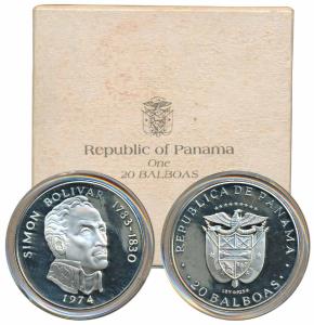 Panama, Silver 20 Balboas, 130g, 1974, Simon Bolivar. Proof, within plastic case and box o