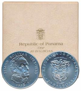 Panama, Silver 20 Balboas, 130g, 1973, Simon Bolivar. Uncirculated, within plastic case an