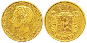 Portugal, Luiz I, Gold 2000 Reis, 3.52g, 1869, obv. head facing left, rev. crowned arms wi