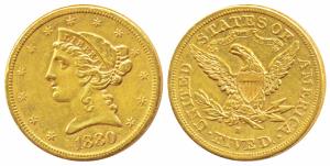 United States of America, Gold $5, 8.34g, 1880 obv. Liberty head, rev. Motto ‘IN GOD WE TR