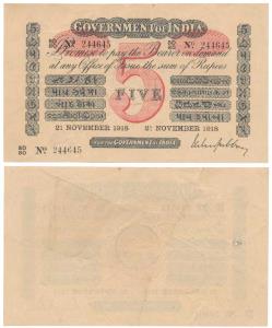 Government of India, Uniface, Rupees 5, red under print, signed M. M. S. Gubbay, 21 Novemb