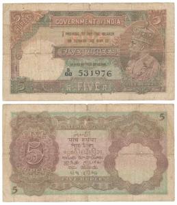 George V, Rupees 5, 2nd issue, 1934, signed J. W. Kelly (J&R 3.5.2). Fine.
