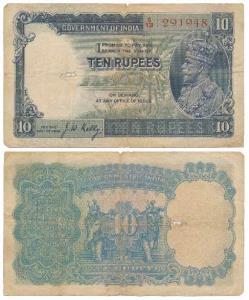 George V, Rupees 10, 3rd Issue, 1933, signed J. W. Kelly, (J&R 3.8.2). Fine+.