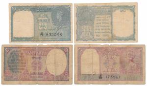 George VI, Rupee 1, 1944, signed C. E. Jones, serial number in black; Rupee 2, 1943, signe