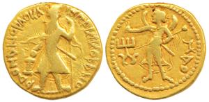 Kushanas, Kanishka I (c. 127-151 AD), Gold Dinar, 7.77g, obv. caped and crowned king stand