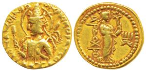 Kushanas, Huvishka (c. 152-192 AD), Gold Dinar, 7.76g, obv. nimbate and helmeted bust of t
