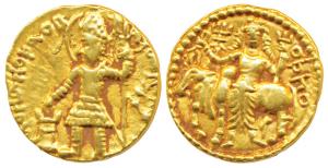 Kushanas, Vasudeva I, Gold Dinara, 7.97g, obv. king standing facing, head left, flames on 