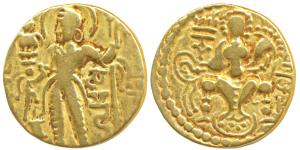 Guptas, Samudragupta (335-380 AD), Gold Dinar, 7.38g, ‘Sceptre’ type, obv. king nimbate st