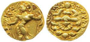 Guptas, Kumaragupta I, Gold Dinar, 8.22g, ‘Archer’ type, obv. king nimbate standing left h