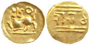 Kakatiya dynasty, Southern India, Rajula Reddy Gold ½ Fanam, 0.20g, obv. a mythical lion s