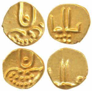 Vira Raya, Coorg, Gold Fanam (2), each 0.38g, obv. stylized lion standing right with cresc