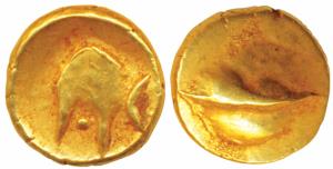 Anonymous, Hudki Gold Pagoda, 3.36g, a boat like uncertain symbol on obv., possibly the Go