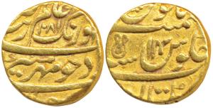 Aurangzeb, Gold Mohur, 10.88g, Multan Mint, RY 14, an unusual mint mark on rev. (KM 315.36