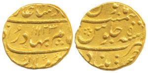 Shah Alam Bahadur, Gold Mohur, 11g, Khujista Bunyad Mint, AH 1123/5 (KM 356.7). Very Fine+