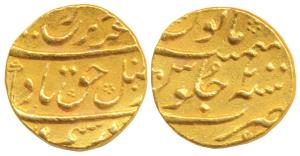 Farrukhsiyar, Gold Mohur, 11.09g, Surat Mint (mint off flan), RY 2 (KM 390.32). Very Fine+