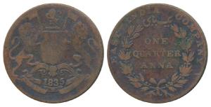 Copper ¼ Anna, 1835, Bombay Mint, 17 Berries (8 L+9 R), Y of COMPANY above a berry, suppre