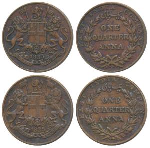 Copper ¼ Anna (2), 1835, Madras Mint, 18 Berries (9 L+9 R), slanting top to numeral 1, Y o