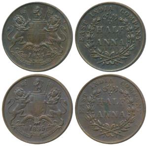 Copper ½ Anna (2), 1835, Madras Mint, A in India raised above; A in India dropped down, bo