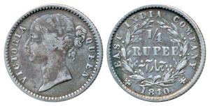 Victoria Queen, Silver ¼ Rupee, 1840, divided Legend, Calcutta / Bombay Mint, WW raised, 1