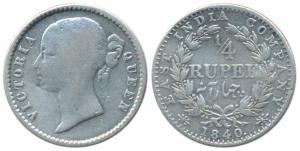 Victoria Queen, Silver ¼ Rupee, 1840, divided legend, Calcutta Mint, Mule, WW raised, wrea