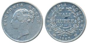 Victoria Queen, Silver ½ Rupee, 1840, continuous legend, Calcutta Mint, Indian Head, 19 Be