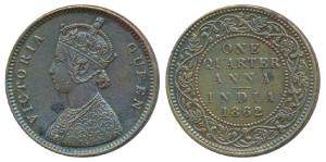 Victoria Queen, Copper ¼ Anna, 1862, Bombay Mint, 4 lace panels in jabot with a single flo