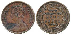 Victoria Queen, Copper ¼ Anna, 1862, Madras Mint, 4 lace panels in jabot with a single flo