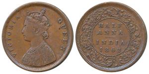 Victoria Queen, Copper ½ Anna, 1862, Calcutta Mint, slanting top to numeral 1 in date, (Pr