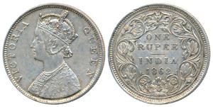 Victoria Queen, Silver Rupee, 1862, Bombay Mint, B / II, plain cones, elongated pearls in 