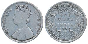 Victoria Queen, Silver Rupee, 1862, Bombay Mint, B / I / 0 / 6, two smaller dots added lat