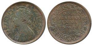 Victoria Empress, Copper ¼ Anna, 1880, Calcutta Mint, C below date on centre bead, (Prid 6