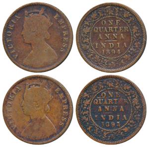 Victoria Empress, Copper ¼ Anna (2), 1894 and 1895, Calcutta Mint, (Prid 627 & 628). Fine+