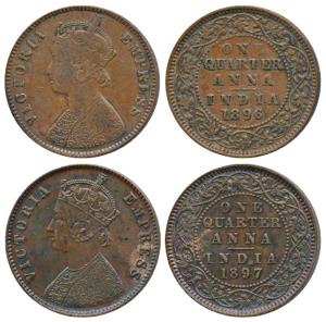 Victoria Empress, Copper ¼ Anna (2), 1896 and 1897, Calcutta Mint, (Prid 629 & 630). Very 
