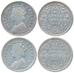 Victoria Empress, Silver 2 Annas, 1889 (2), Calcutta Mint, B / II / C incuse; Bombay Mint,