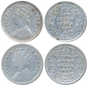 Victoria Empress, Silver 2 Annas, 1897 (2), Calcutta Mint, B / II / C incuse, thin 7 in da