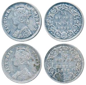 Victoria Empress, Silver ¼ Rupee, 1898 (2), Calcutta Mint, C / II / C incuse; Bombay Mint,