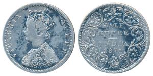 Victoria Queen, Silver ½ Rupee, 1874, Bombay Mint, B1 / II / dot, (Prid 284). About Very F
