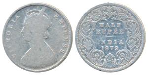 Victoria Empress, Silver ½ Rupee, 1879, Calcutta Mint, A / I / C incuse, (Prid 263). Fine,