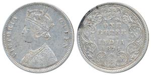 Victoria Queen, Silver Rupee, 1874, Calcutta Mint, A1 / I / No mint mark, (Prid 112). Very
