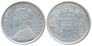Victoria Empress, Silver Rupee, 1878, Calcutta Mint, A1 / I / No mint mark, (Prid 116). Ve