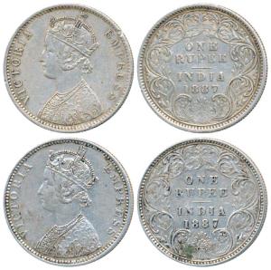 Victoria Empress, Silver Rupee, 1887, Calcutta Mint, C3 / I / C incuse; Bombay Mint, C2 / 